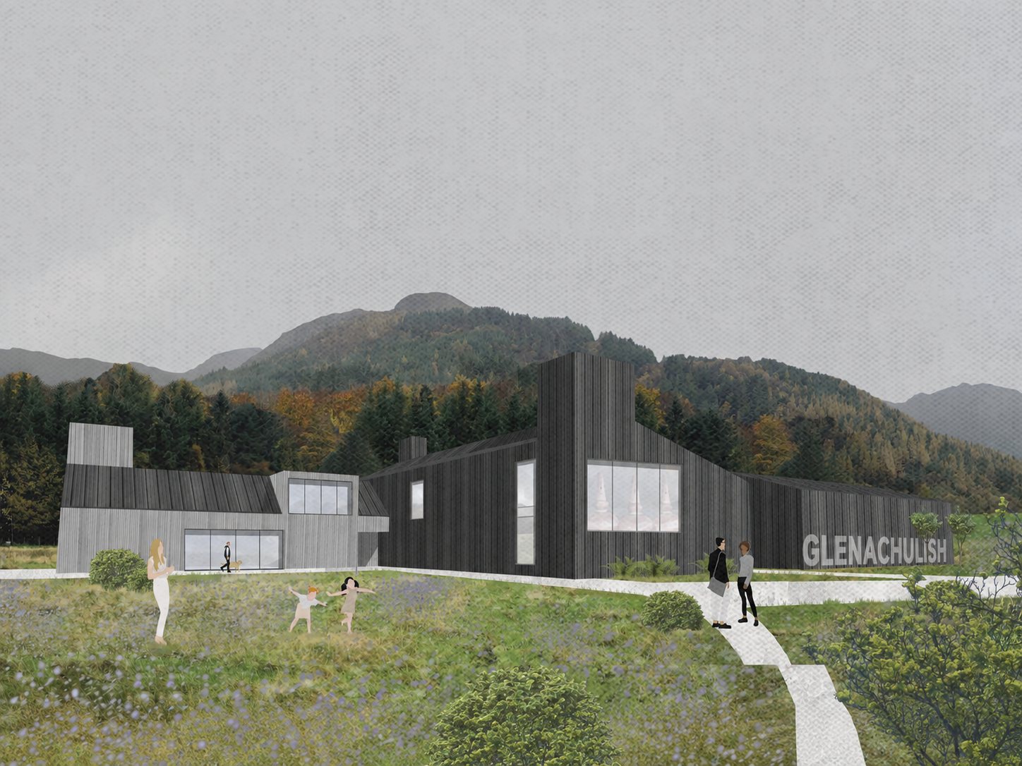 Stage 2 concept visual of the proposed Glenachulish Distillery exterior, dark timber buildings against a wooded hillside