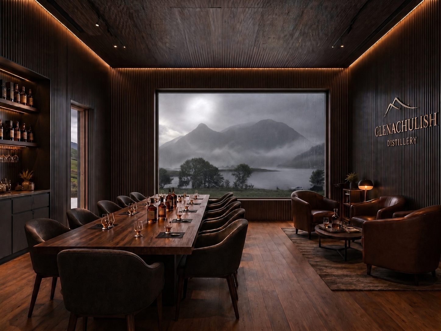 Indicative visualisation of the Glenachulish tasting room, looking across Loch Leven to the Pap of Glencoe
